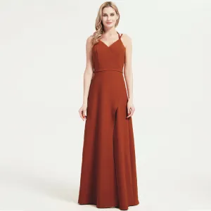 Rusty Red V-neckline Straps Long Bridesmaid Dresses
