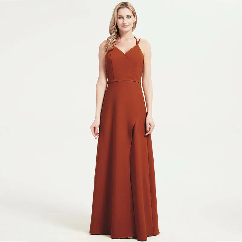 Rusty Red V-neckline Straps Long Bridesmaid Dresses