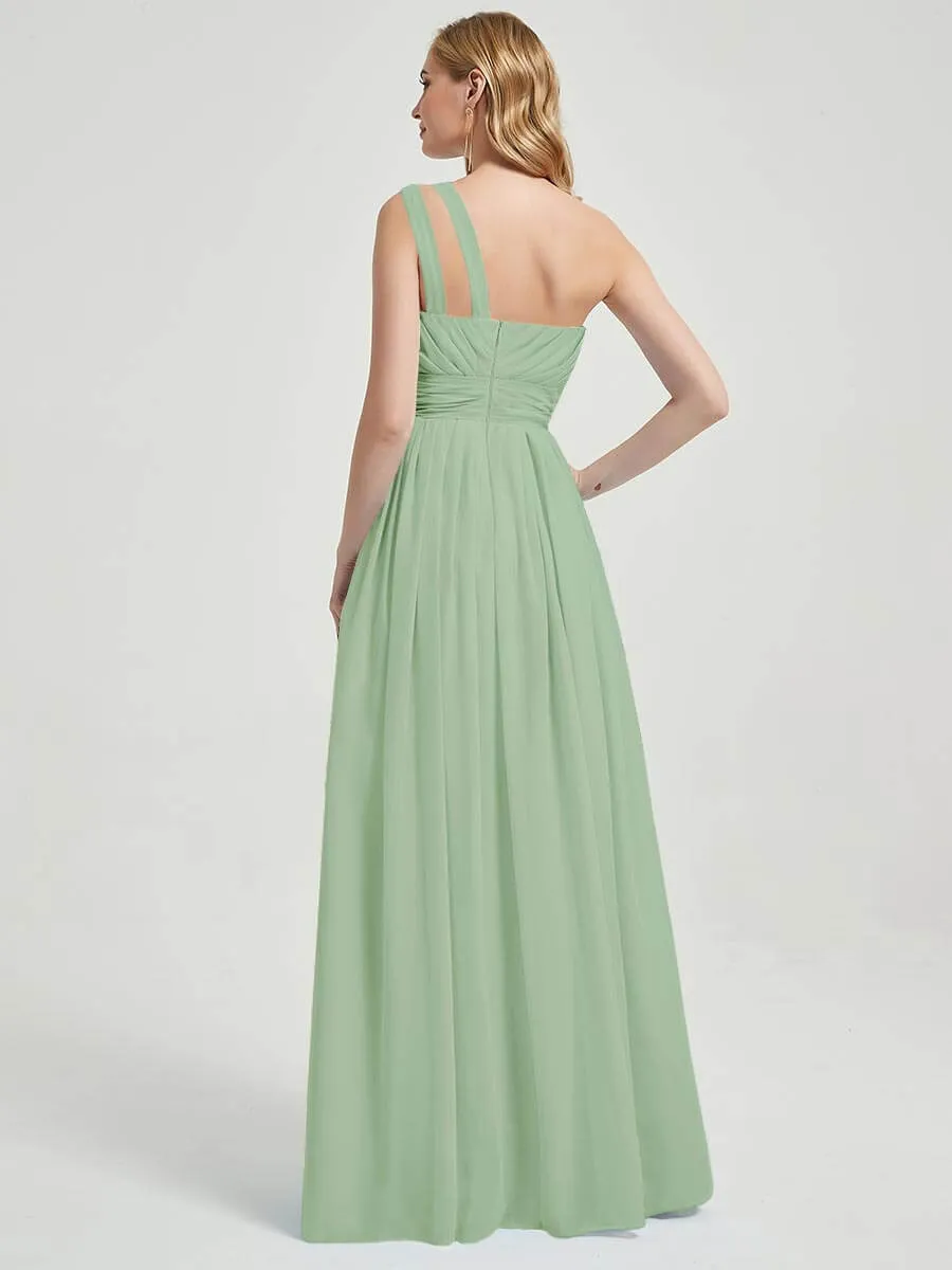 Sage Green One Shoulder A-Line Floor Length Chiffon Bridesmaid Dress