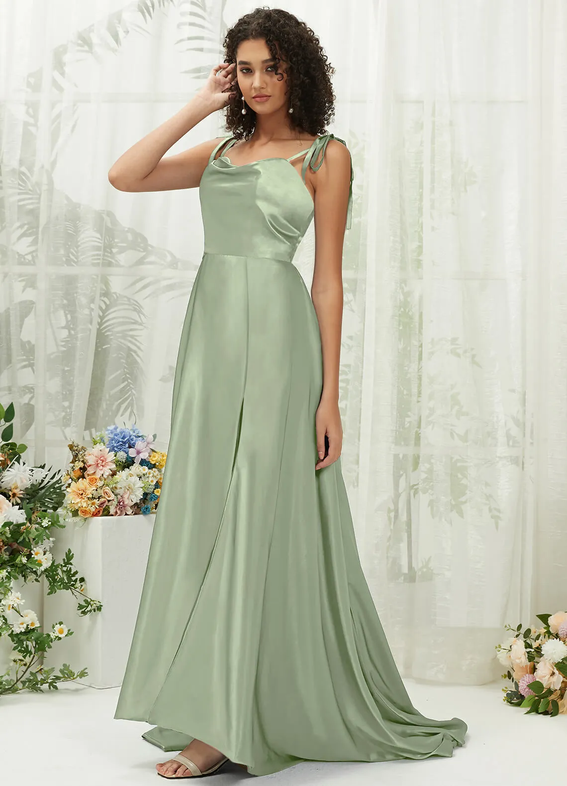 Sage Green Satin Sweetheart Adjustable Straps Formal Gown With Pocket