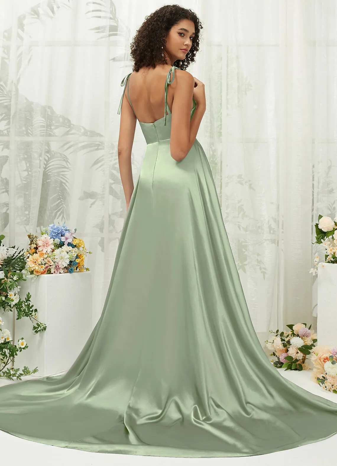 Sage Green Satin Sweetheart Adjustable Straps Formal Gown With Pocket