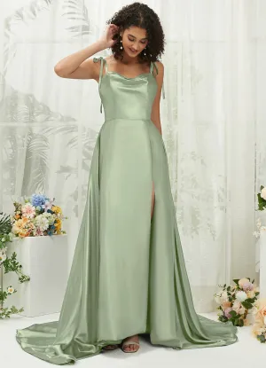 Sage Green Satin Sweetheart Adjustable Straps Formal Gown With Pocket