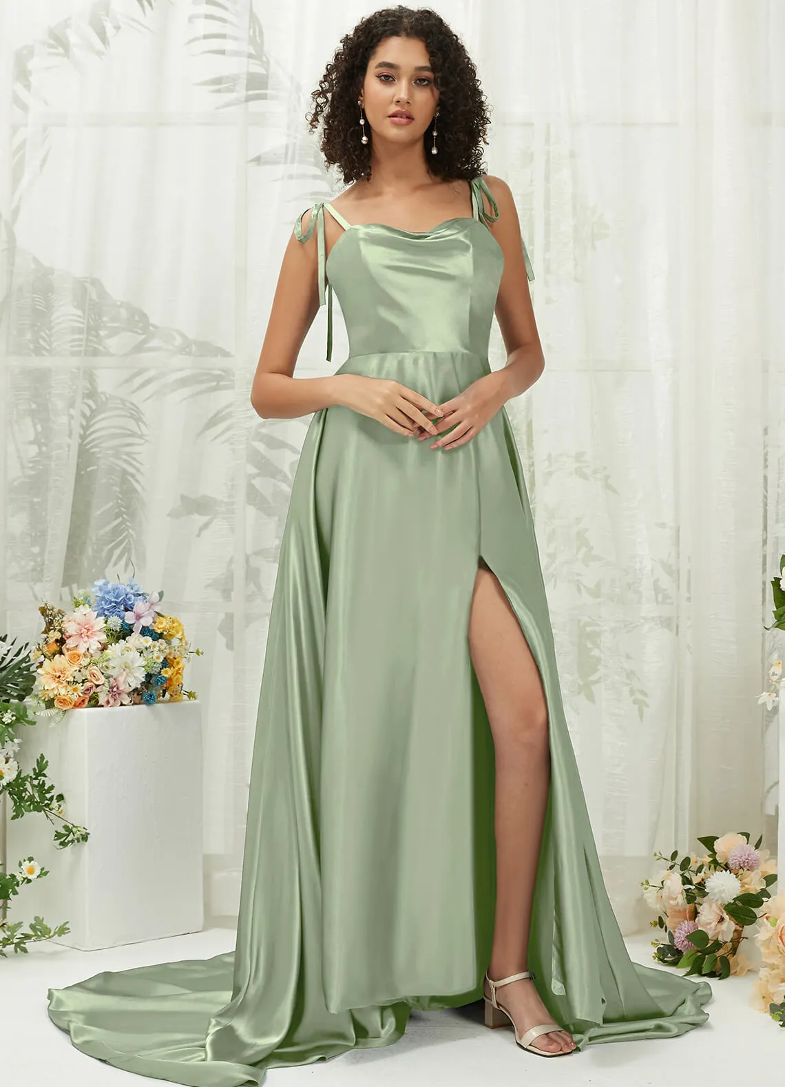 Sage Green Satin Sweetheart Adjustable Straps Formal Gown With Pocket
