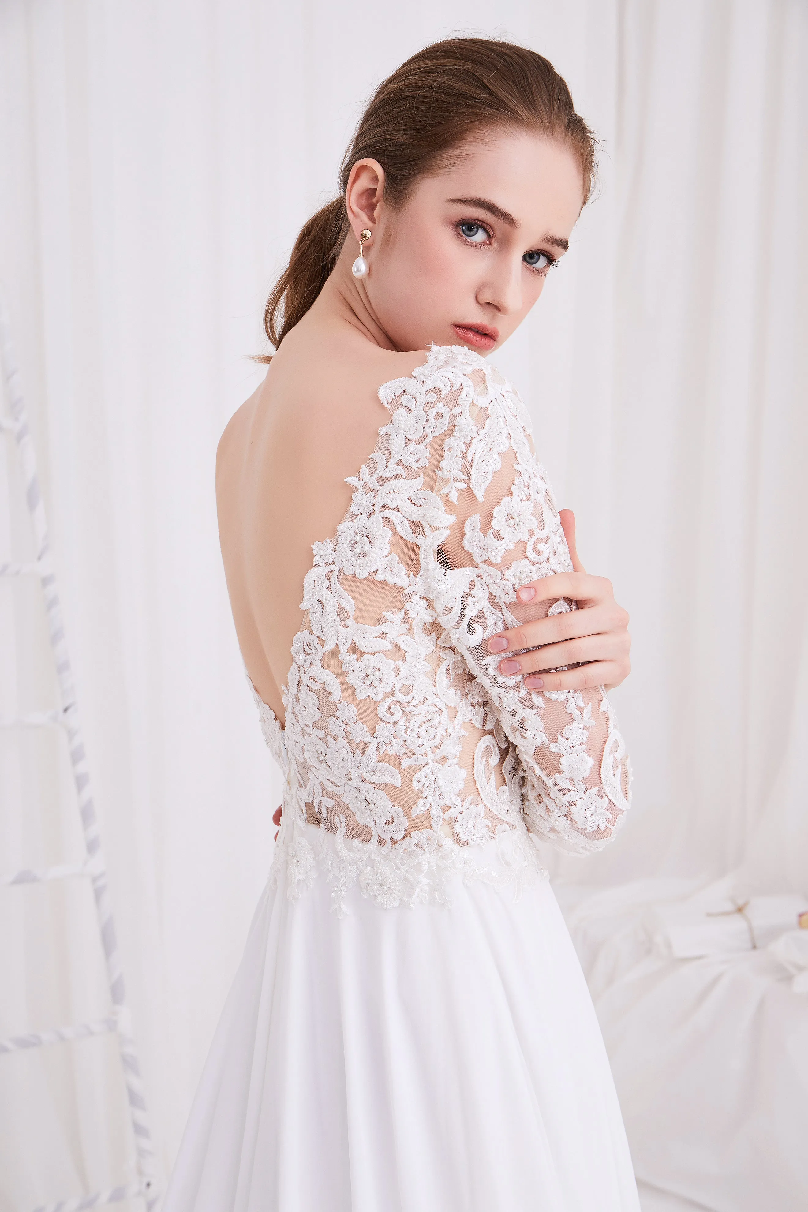 Sage - Selena Huan Alencon Fosted Sequin Embroidery Lace V-neck Milan imported chiffon gown
