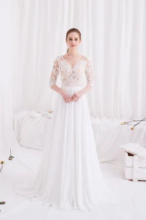 Sage - Selena Huan Alencon Fosted Sequin Embroidery Lace V-neck Milan imported chiffon gown