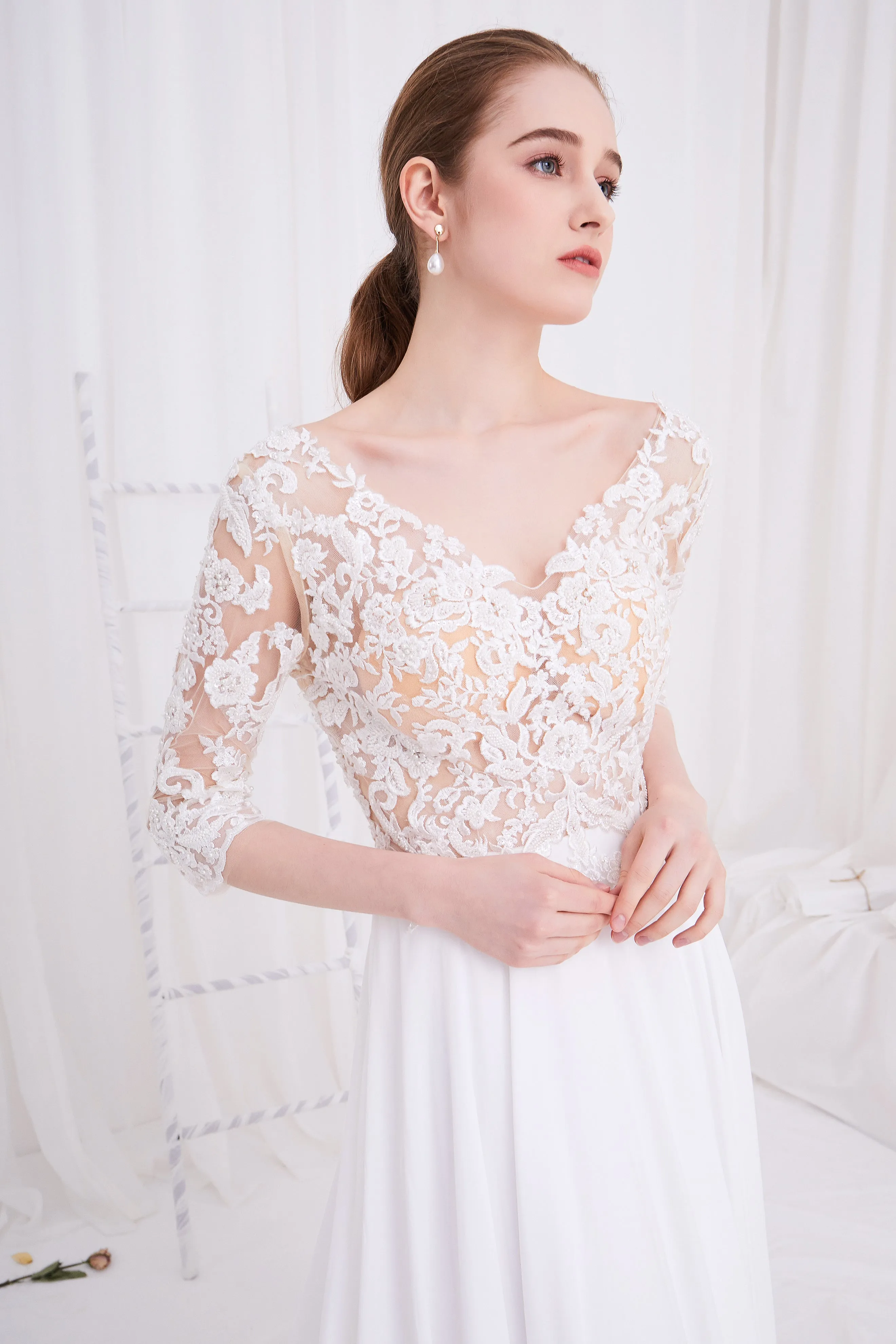Sage - Selena Huan Alencon Fosted Sequin Embroidery Lace V-neck Milan imported chiffon gown