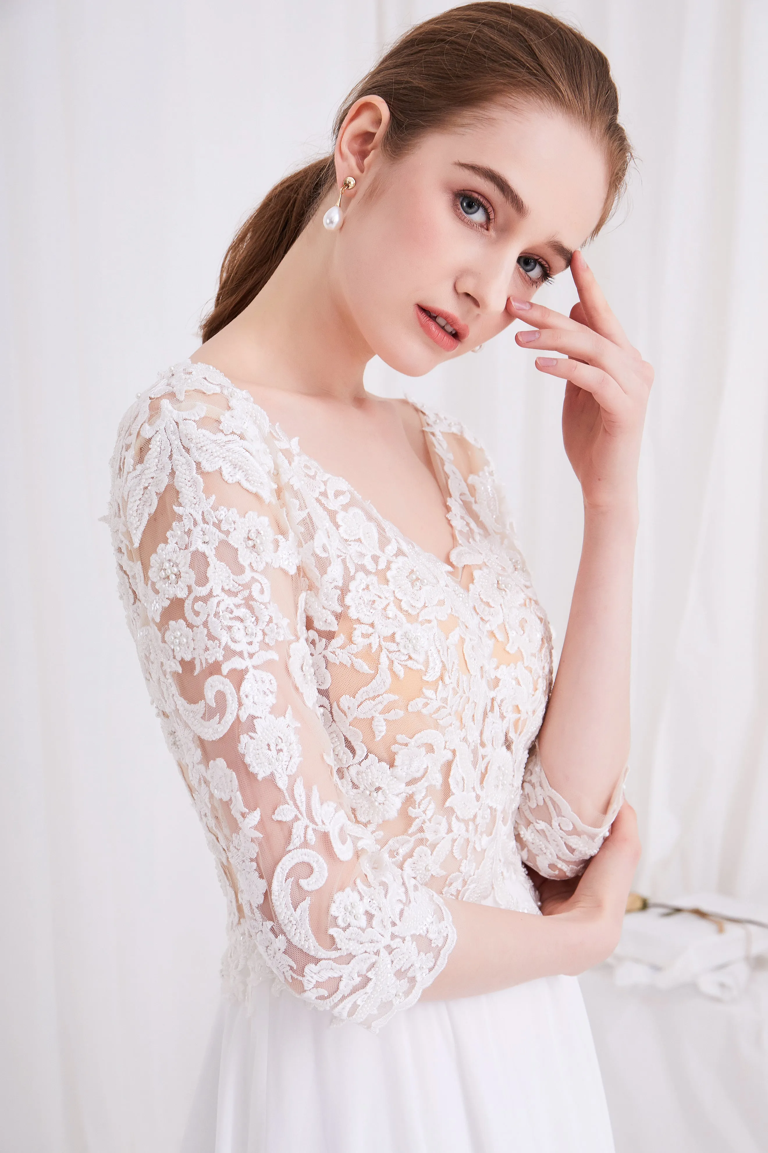 Sage - Selena Huan Alencon Fosted Sequin Embroidery Lace V-neck Milan imported chiffon gown