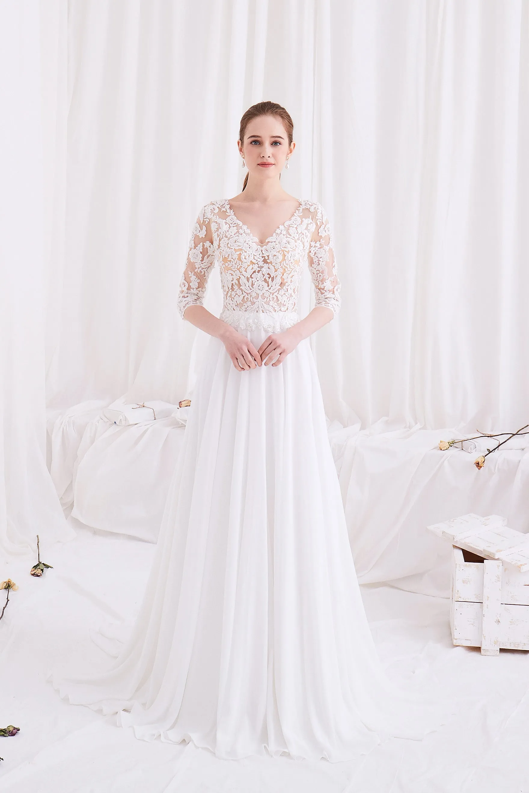 Sage - Selena Huan Alencon Fosted Sequin Embroidery Lace V-neck Milan imported chiffon gown