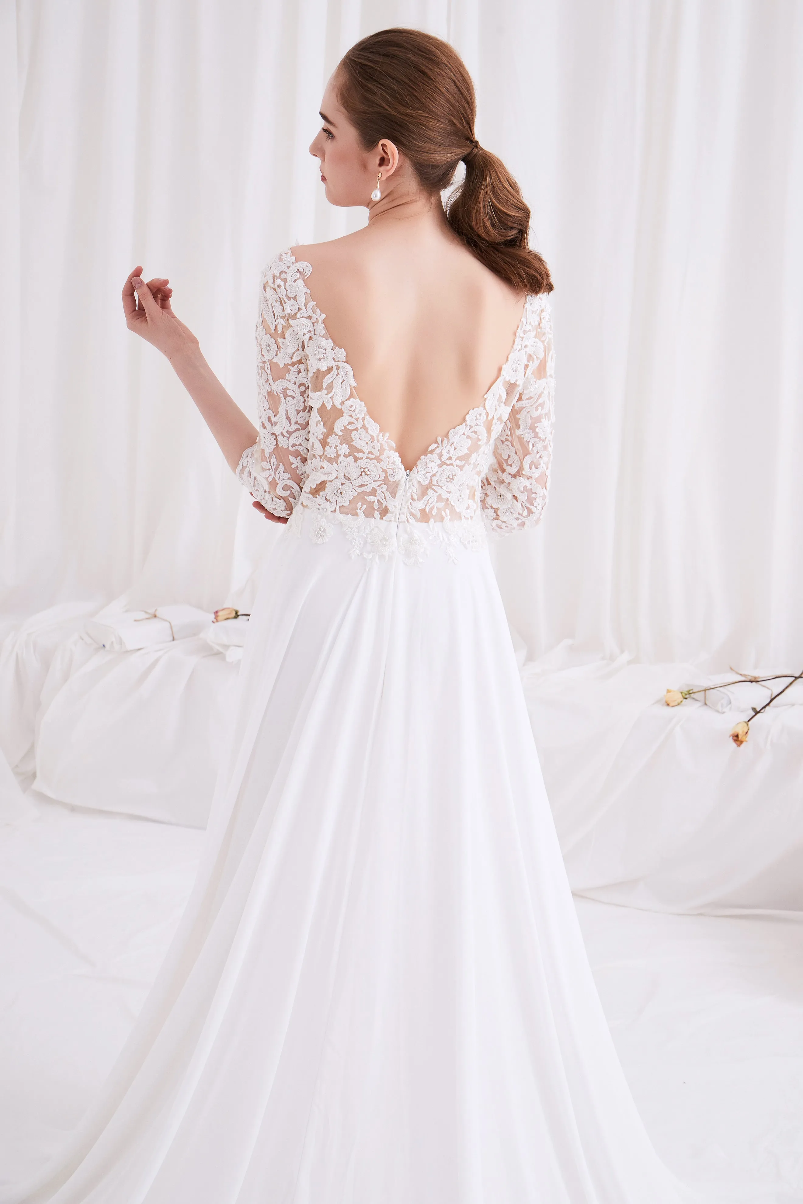 Sage - Selena Huan Alencon Fosted Sequin Embroidery Lace V-neck Milan imported chiffon gown