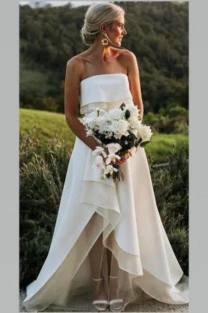 Satin Over Organza Strapless Bridal Dress High Low Skirt