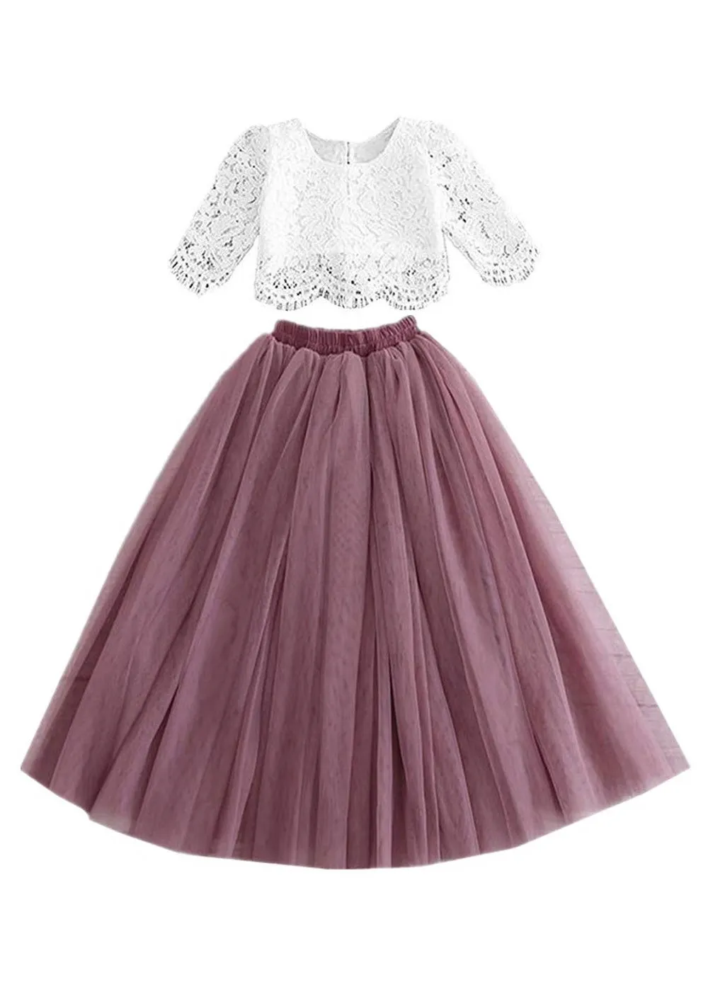 Scalloped Lace 2 Piece Girl Dress Set in Mauve