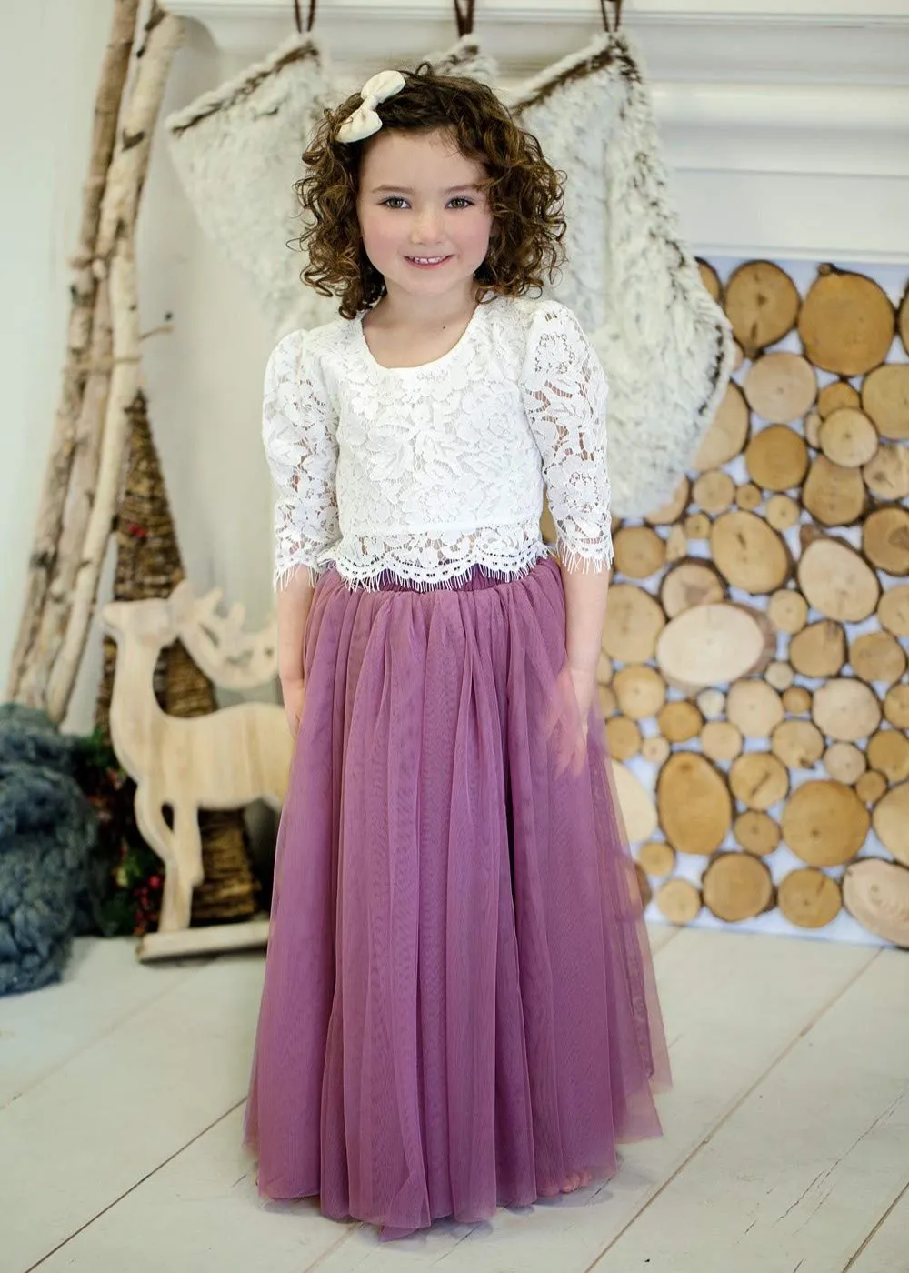 Scalloped Lace 2 Piece Girl Dress Set in Mauve