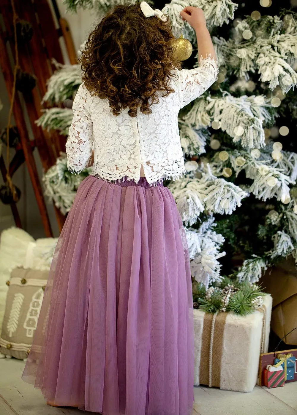 Scalloped Lace 2 Piece Girl Dress Set in Mauve
