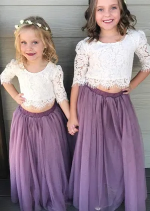 Scalloped Lace 2 Piece Girl Dress Set in Mauve