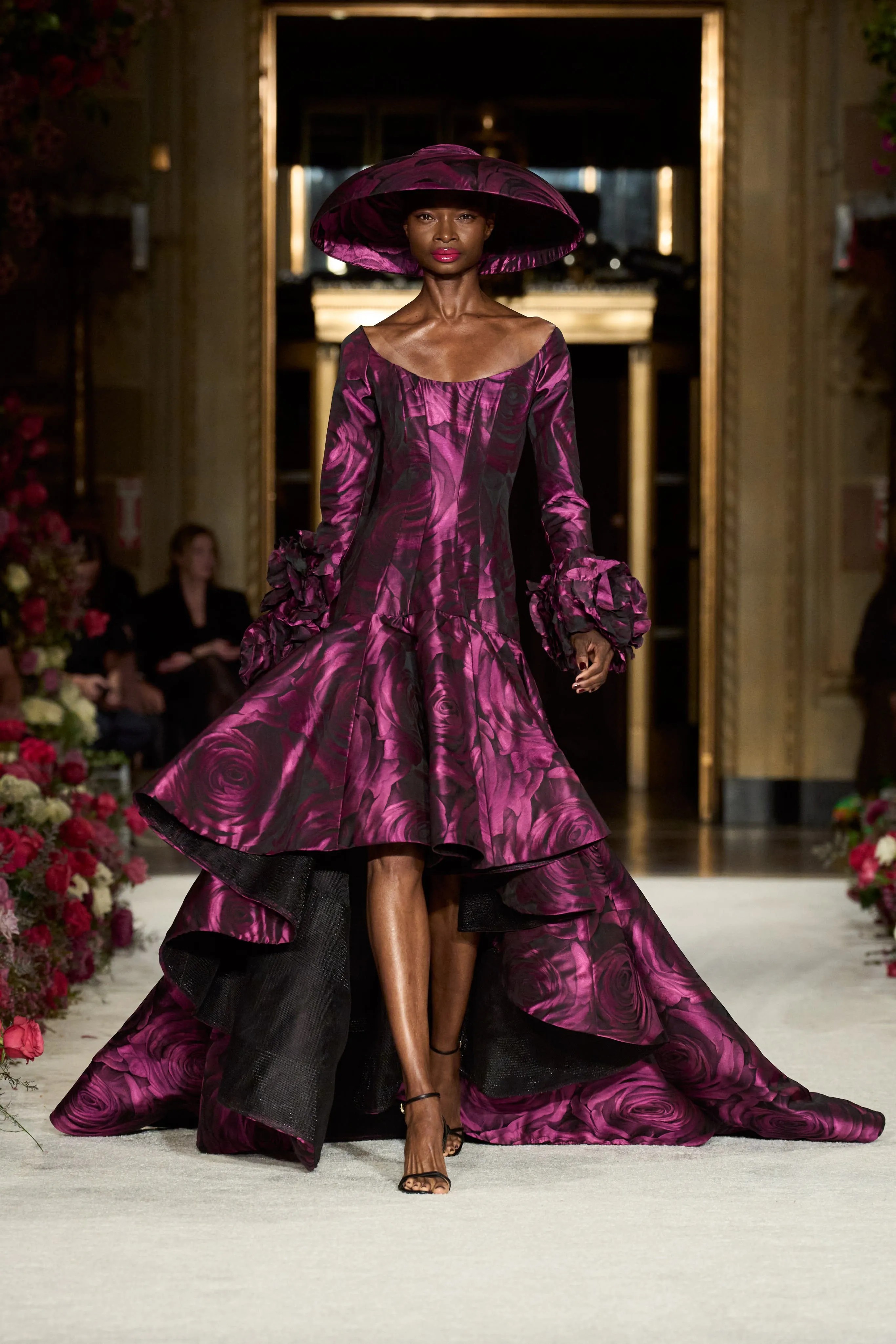 Scoop Neck Rose Print High Low Gown