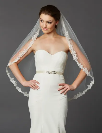 Sculpted Lace Edged , Crystal Accented Fingertip Length Mantilla Veil