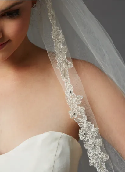 Sculpted Lace Edged , Crystal Accented Fingertip Length Mantilla Veil