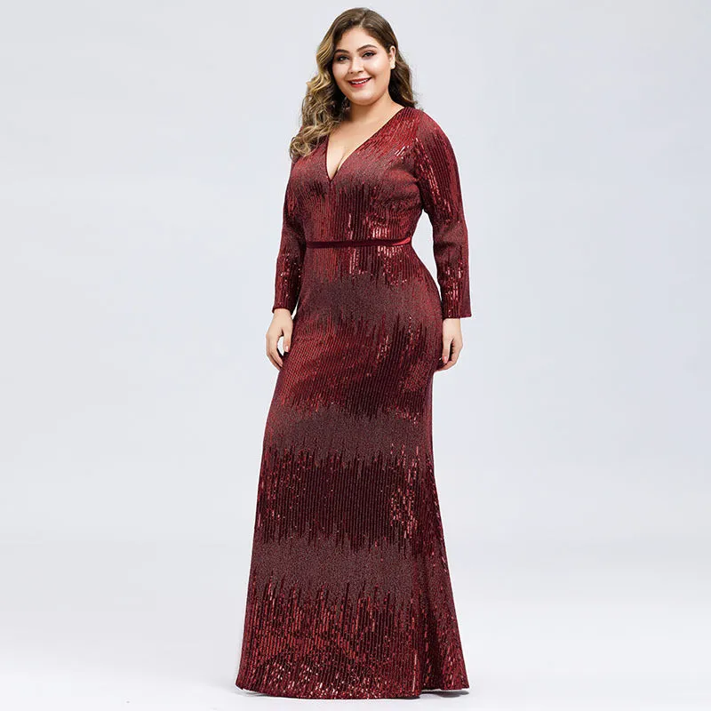 sd-hk Women's Long Sleeve Sequin Floor-Length Mermaid Dress Wine Red