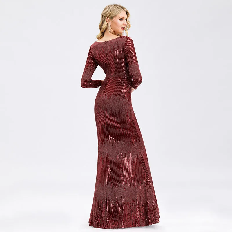 sd-hk Women's Long Sleeve Sequin Floor-Length Mermaid Dress Wine Red