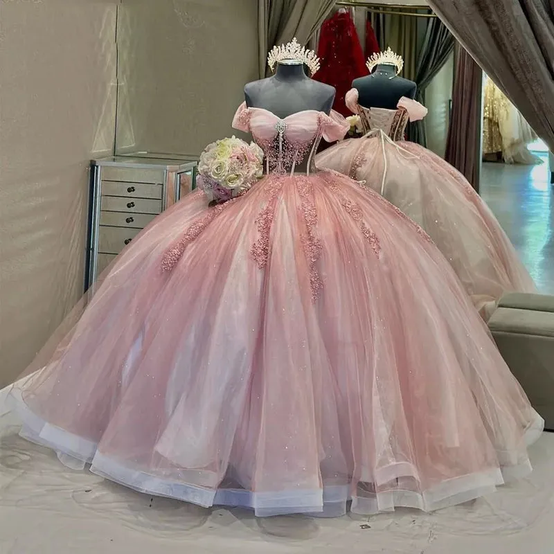 See-through Pink Ball Gown Off The Shoulder Sweet 16 Dresses