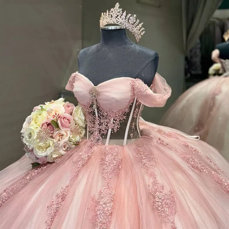 See-through Pink Ball Gown Off The Shoulder Sweet 16 Dresses