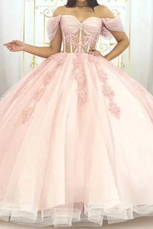 See-through Pink Ball Gown Off The Shoulder Sweet 16 Dresses