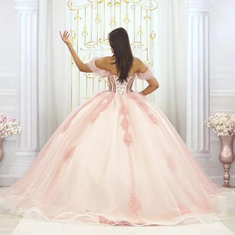 See-through Pink Ball Gown Off The Shoulder Sweet 16 Dresses