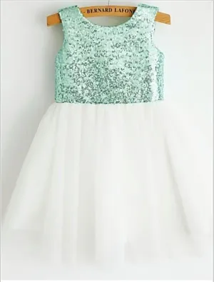 Sequin Tulle Princess Scoop Sleeveless Flower Girl Dresses Tea Length Dress