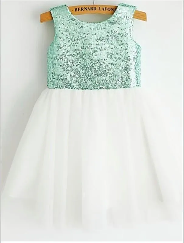Sequin Tulle Princess Scoop Sleeveless Flower Girl Dresses Tea Length Dress