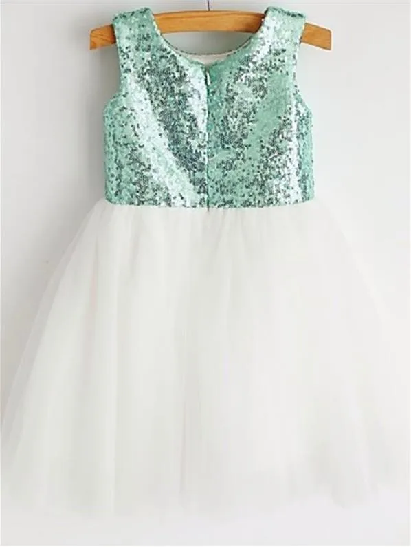 Sequin Tulle Princess Scoop Sleeveless Flower Girl Dresses Tea Length Dress