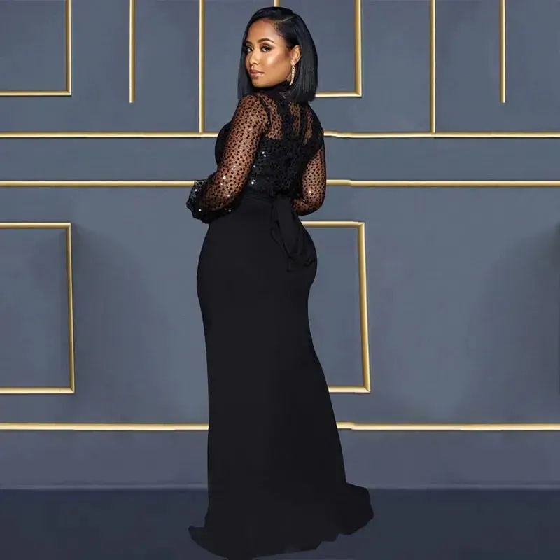 Sequined Sheer Maxi Evening Dress