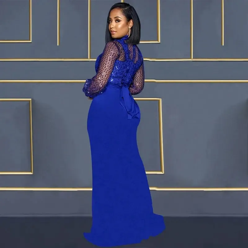 Sequined Sheer Maxi Evening Dress