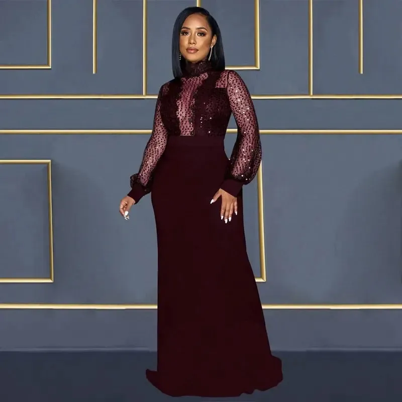 Sequined Sheer Maxi Evening Dress