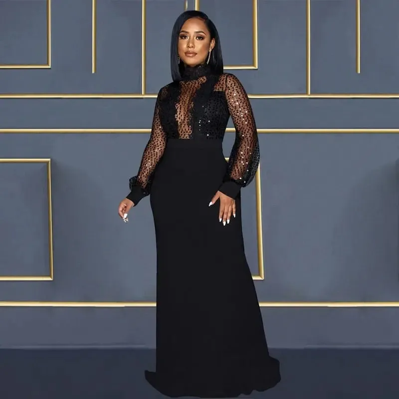 Sequined Sheer Maxi Evening Dress