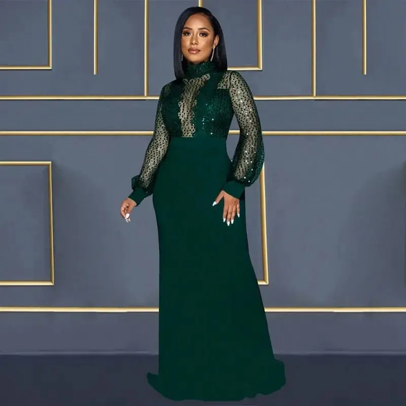 Sequined Sheer Maxi Evening Dress