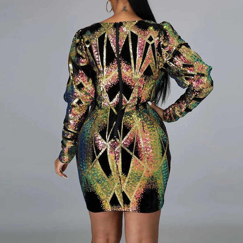 Sequins Colorful V-Neck Long Puff Sleeve Dress