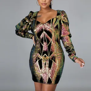 Sequins Colorful V-Neck Long Puff Sleeve Dress
