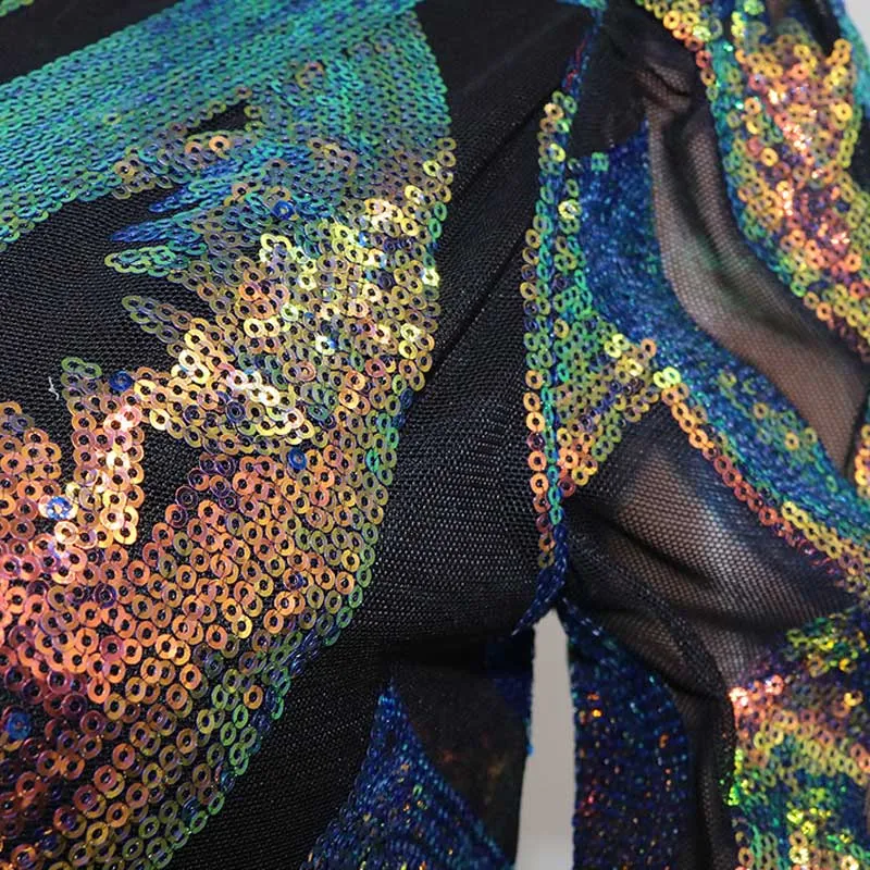 Sequins Colorful V-Neck Sheer Mesh Patchwork Long Sleeve Dress