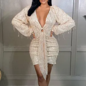 Sequins Deep V-Neck Long Sleeve Tassel Design Ruched Dress