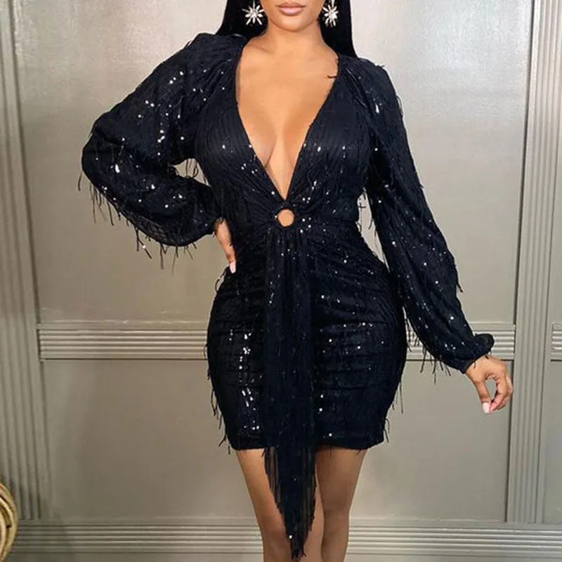 Sequins Deep V-Neck Long Sleeve Tassel Design Ruched Dress