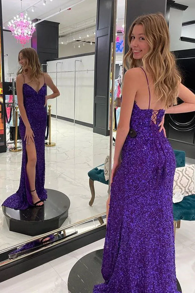 Sequins Grape V-Neck High Slit Formal Graduation Evening Dresses Long Prom Dresses