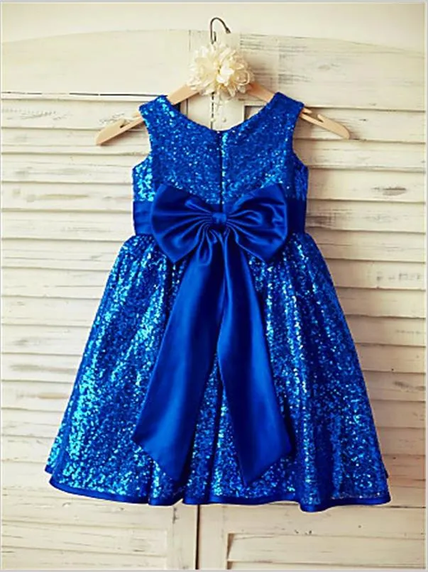 Sequins Princess Scoop Sleeveless Flower Girl Dresses Tea Length With Bowknot