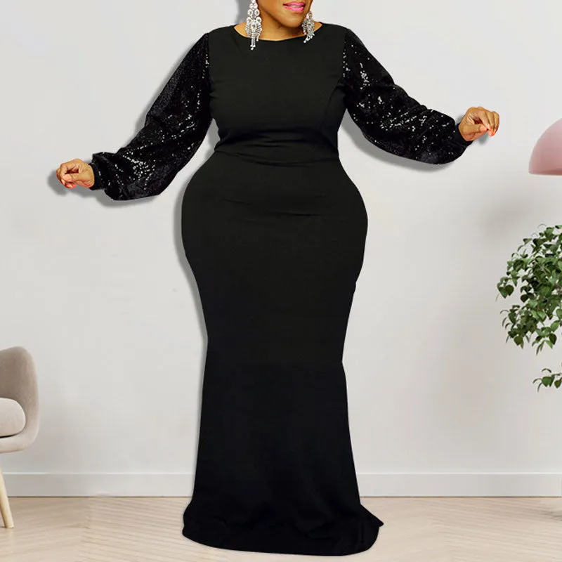Sequins Round Neck Long Sleeve Floor-Length Plus Size Dress