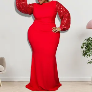Sequins Round Neck Long Sleeve Floor-Length Plus Size Dress