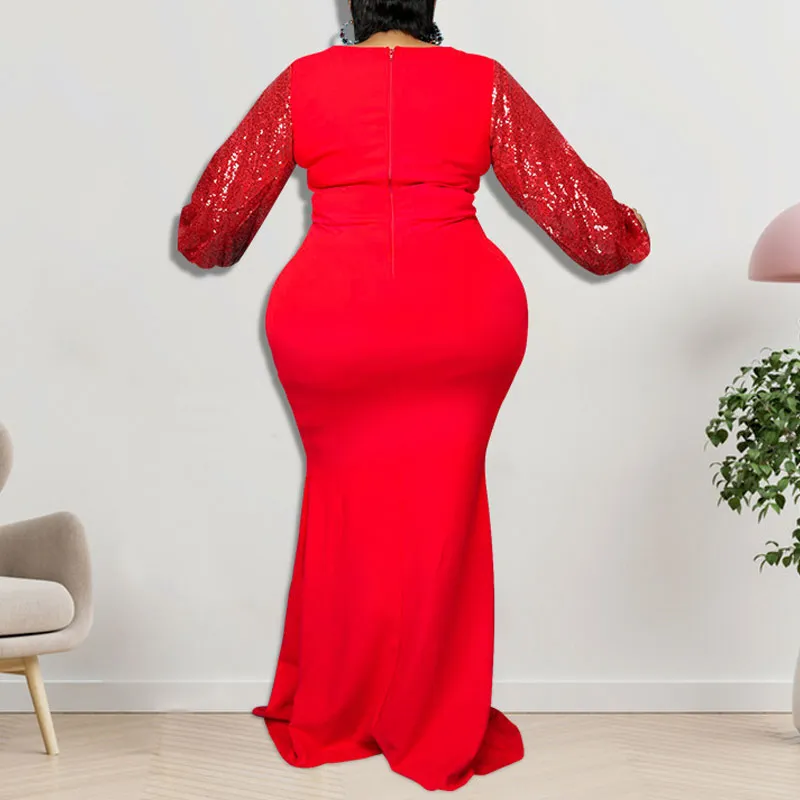 Sequins Round Neck Long Sleeve Floor-Length Plus Size Dress