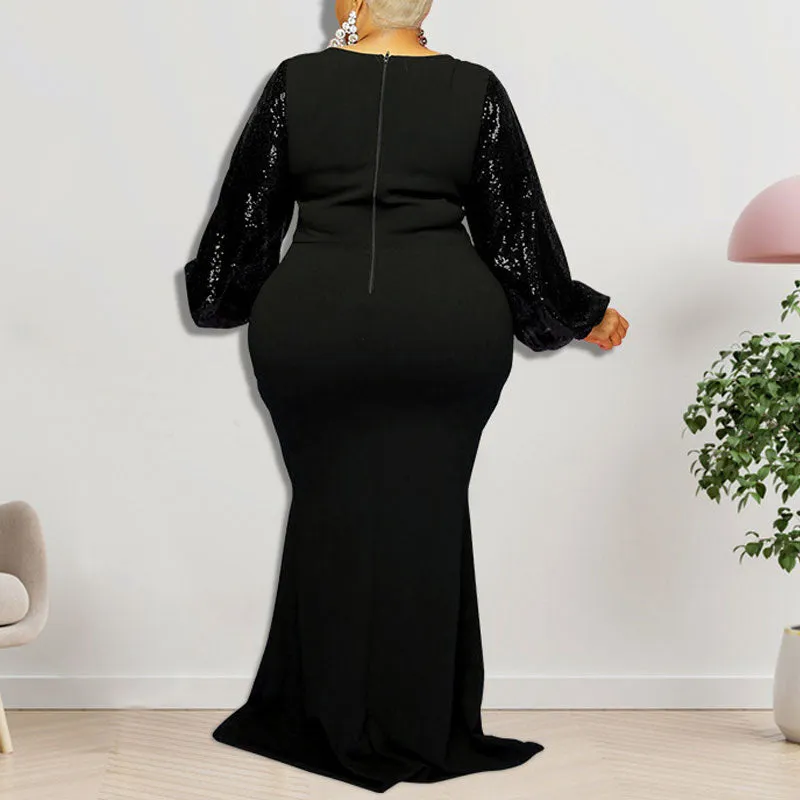 Sequins Round Neck Long Sleeve Floor-Length Plus Size Dress