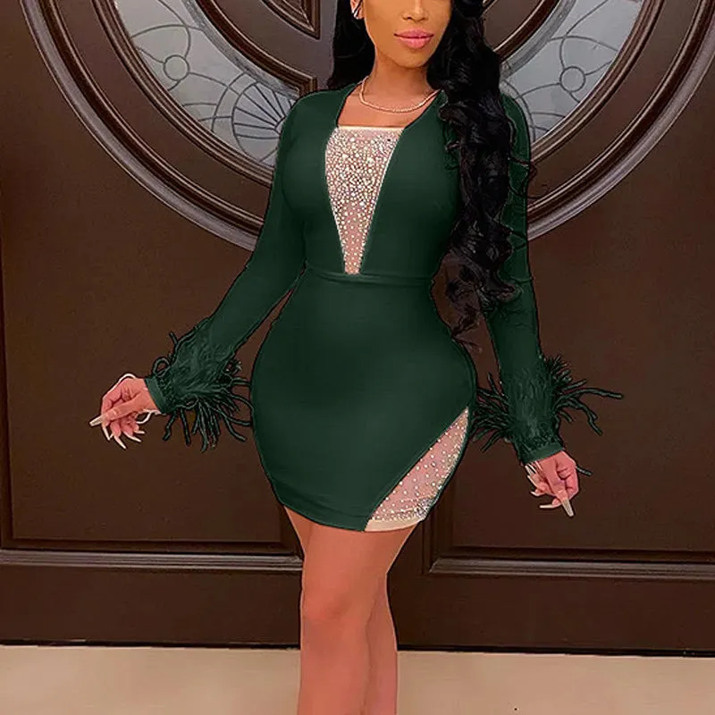 Sequins Sheer Mesh Patchwork Feather Long Sleeve Dress