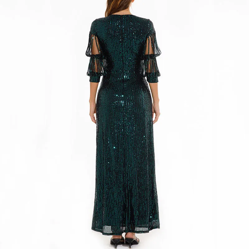 Sequins V-Neck Tassel Sleeve High Slit Dress