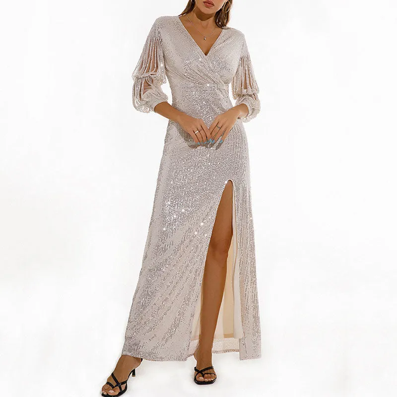 Sequins V-Neck Tassel Sleeve High Slit Dress