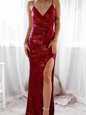 Seva full sequin ball dress with split in burgundy Express NZ wide